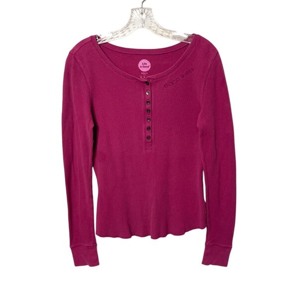 Life Is Good Women's M Henley Long Sleeve Thermal Shirt "Good Vibes" Embroidered - Picture 1 of 6